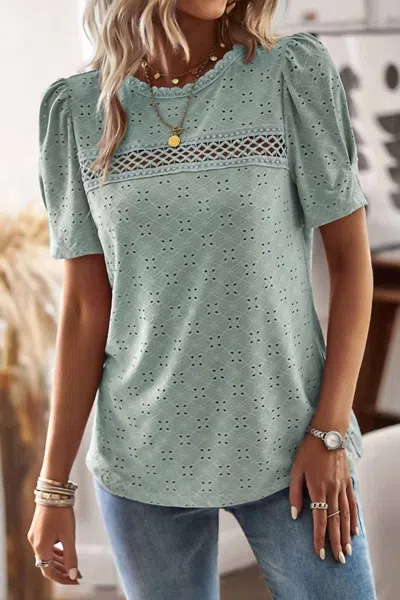 Shewin Astrid Puff Sleeve Eyelet Top - Sage In Green