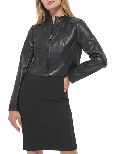 Dkny Womens Faux Leather Moto Motorcycle Jacket In Black