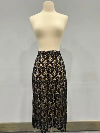 Reem Acra Lace Midi Skirt In Black/nude In Brown