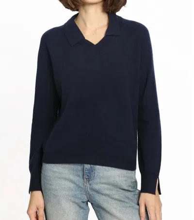 Minnie Rose Cashmere V-neck Pullover Wth Collar In Navy In Blue