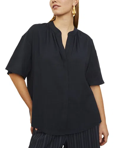 Vince Plus Shirred Band Collar Linen-blend Blouse In Blue