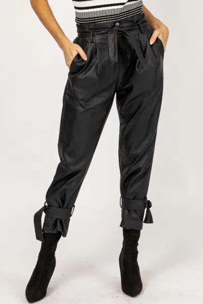 Venti6 Leather Pleated Ankle Tie Pants In Black