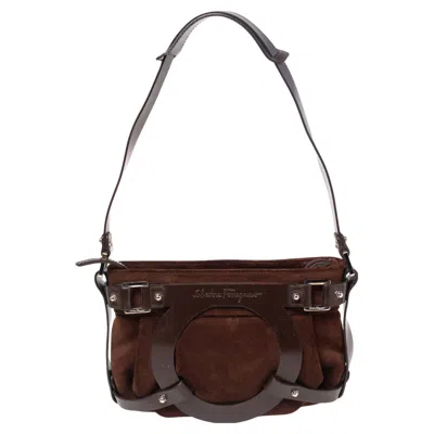 Ferragamo Suede And Leather Gancio Baguette Shoulder Bag In Brown