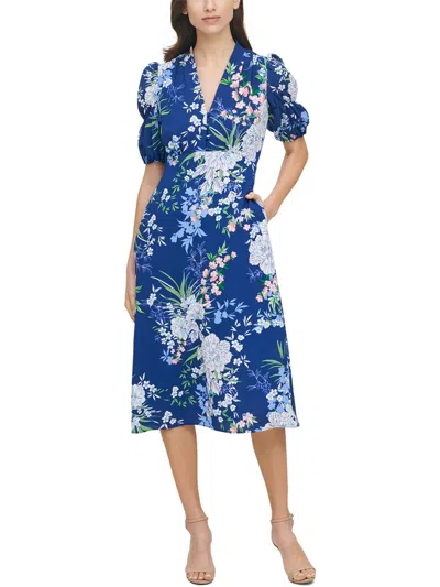 Vince Camuto Plus Womens Floral Puff Sleeve Midi Dress In Multi