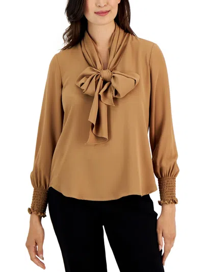 Anne Klein Womens Sateen Bow Blouse In Brown