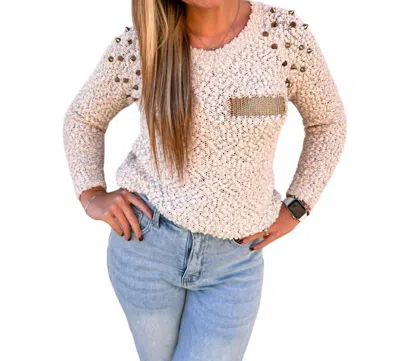 Vocal Apparel Laylin Sweater With Gold Metal Studs & Mesh In Cream In White