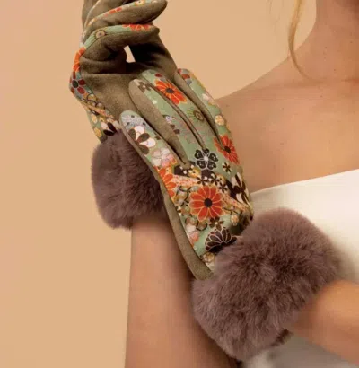 Powder Bernadette 70s Floral Kaleidoscope Gloves In Olive/rust In Gold