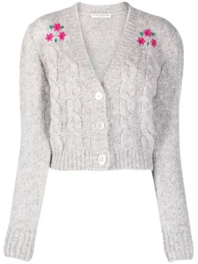 Alessandra Rich Cardigan With Flowers In Light Grey