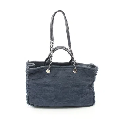 Pre-owned Chanel Coco Mark Shoulder Bag Tote Bag Canvas Leather Navy Silver Hardware 2way In Blue