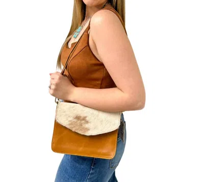 Bs Trading Genuine Leather Cowhide Small Crossbody Bag In Camel/light Brown/white In Multi