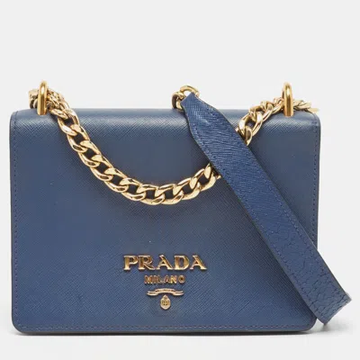 Prada Saffiano And Soft Leather Chain Flap Shoulder Bag In Blue