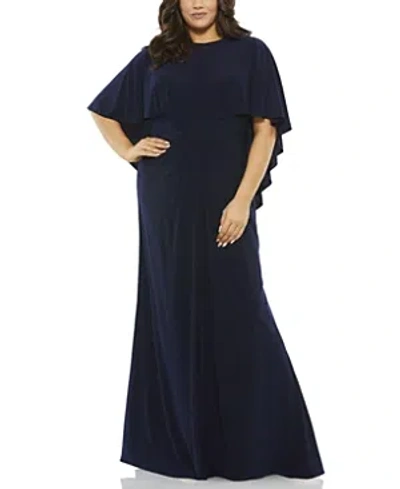 Mac Duggal Jersey Cape Sleeve A Line Gown (plus) In Navy