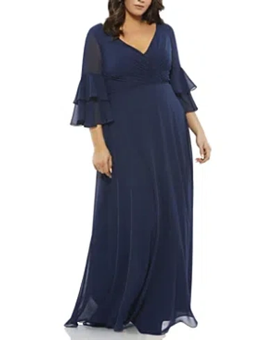 Mac Duggal Pleated Bell Sleeve Chiffon Gown (plus) In Navy