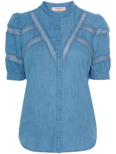 Twinset Lace-trim Denim Shirt In Blue