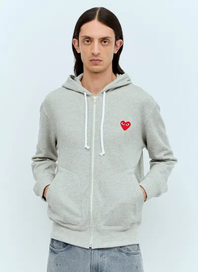Comme Des Garçons Play Logo Patch Zip Hooded Sweatshirt In Grey