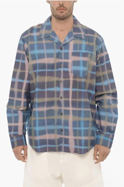 Diesel Poplin Cotton S-daraa Shirt With Spray Effect Check In Blue