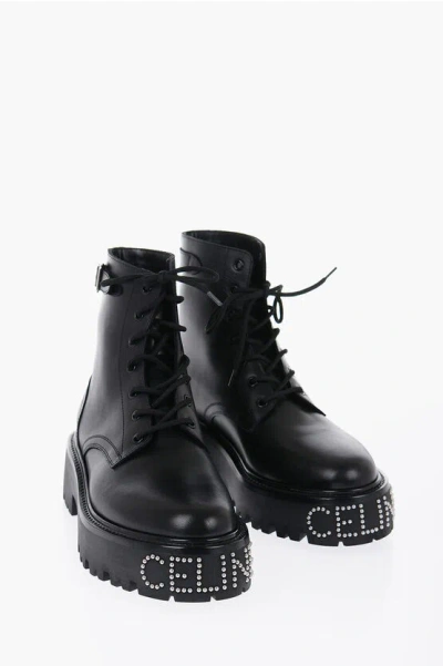 Celine Bulky Studded Logo Leather Lace Up Boots BE Black Celine Bulky Laced Up Boots – MILNY PARLON main image 3