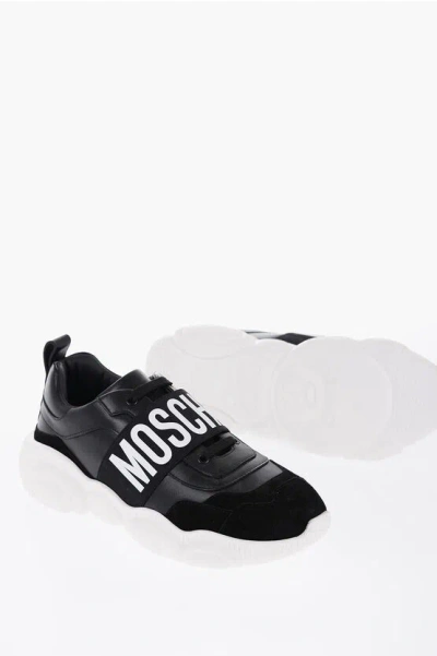 Moschino Couture! Leather Low Top Sneakers With Logoed Elastic Band In Black