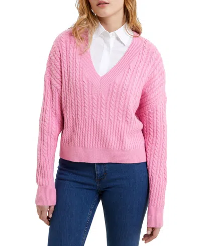 French Connection Cable Knit V Neck Sweater In Light Pink