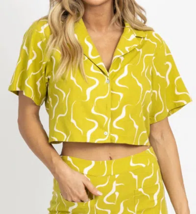 Le Lis Linen Abstract Open-back Top In Lime In Yellow
