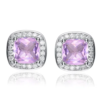 Rachel Glauber Chic White Gold Plated Square Stud Earrings With Pink Cubic Zirconia In Purple