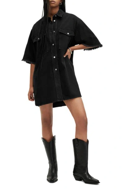 Allsaints Lily Short Sleeve Denim Mini Dress In Washed Black
