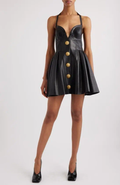 Balmain Pleated Flared Backless Leather Dress In Black