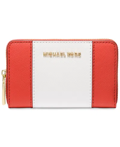 Michael Kors Michael  Jet Set Small Zip Around Card Case In Spiced Coral,optic White