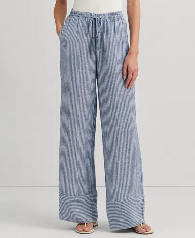 Lauren Ralph Lauren Pinstripe Linen Wide-leg Pant In Blue/white