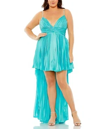 Mac Duggal Rhinestoned Detail High Low Pleated Gown In Aqua