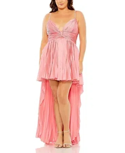 Mac Duggal Rhinestoned Detail High Low Pleated Gown In Coral