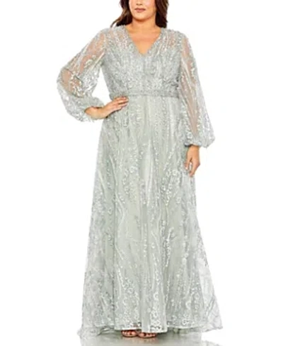 Mac Duggal V Neck Puff Sleeve Embroidered A Line Gown In Sea Mist