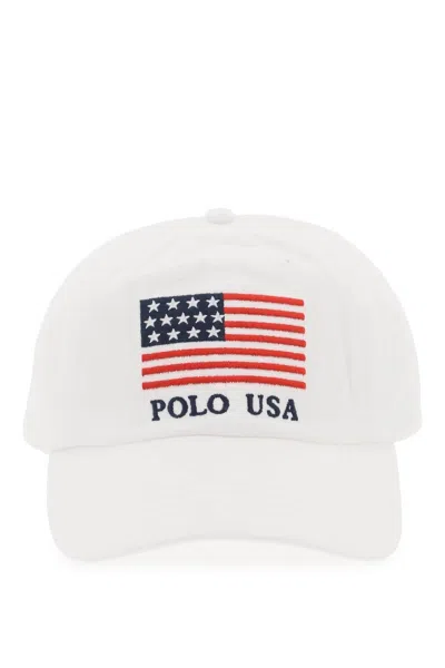 Polo Ralph Lauren Baseball Cap In Twill With Embroidered Flag In 白色的