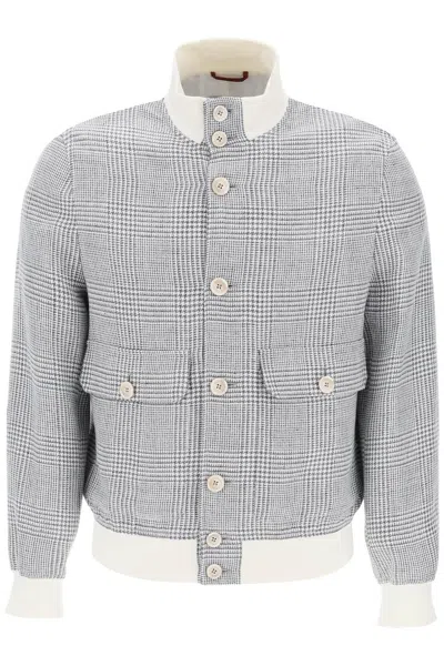 Brunello Cucinelli Wales Prince Of Wales Check Bomber Jacket In White,grey