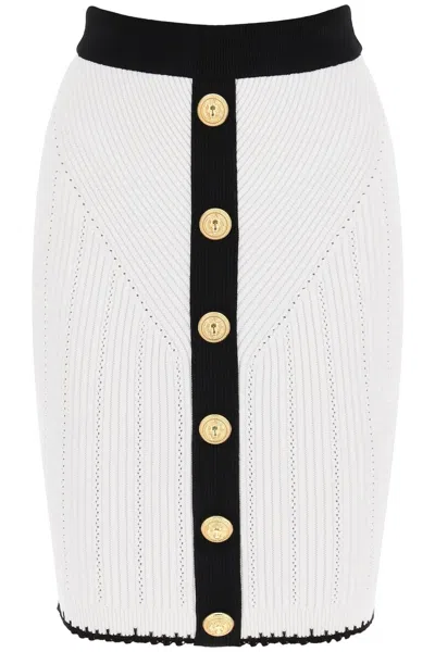 Balmain Bicolor Knit Midi Skirt With Embossed Buttons In White,black