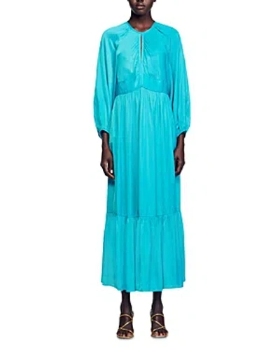 Sandro Keyhole Satin Maxi Dress In Turquoise