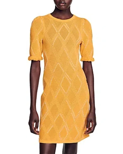 Sandro Pearl-embellished Pointelle-knit Minidress In Ochre