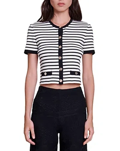 Maje Striped Short-sleeve Cardigan In Black/white