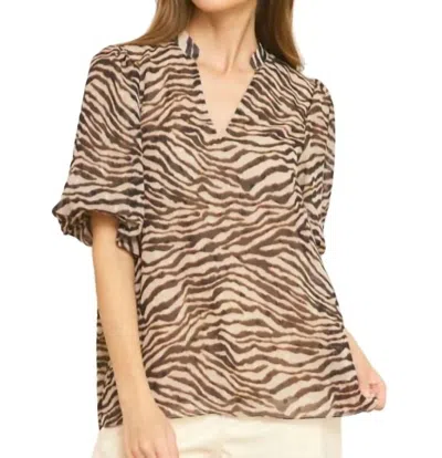 Entro Bubble Sleeve Top In Animal Print In Beige