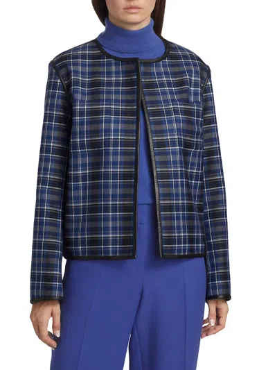 Lafayette 148 New York Reversible Highlands Leather-trim Wool Jacket In Blue