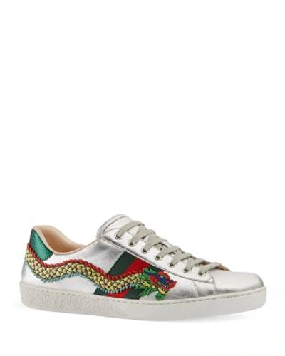 Gucci Men's New Ace Embroidered Leather Low-top Sneakers, Silver