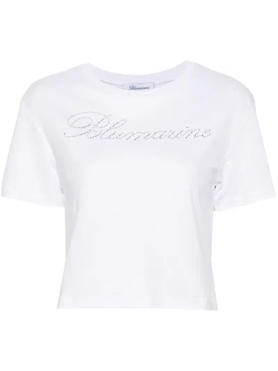 Blumarine T-shirt Con Ricamo Logo In Strass In White