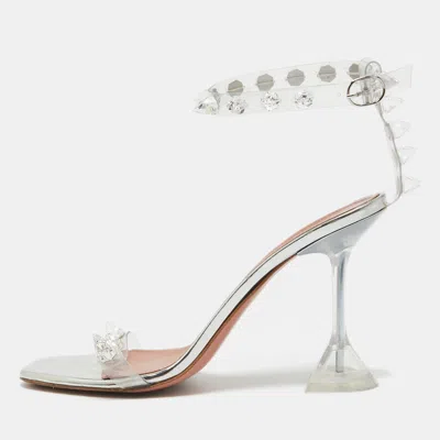 Pre-owned Amina Muaddi Silver Pvc And Patent Leather Julia Glass Sandals Size 38