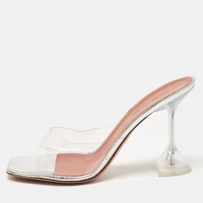 Pre-owned Amina Muaddi Silver Pvc And Patent Leather Lupita Glass Sandals Size 38.5