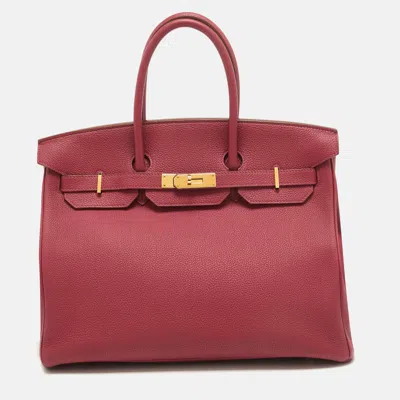Pre-owned Hermes Ruby Togo Leather Gold Finish Birkin 35 Bag In Red