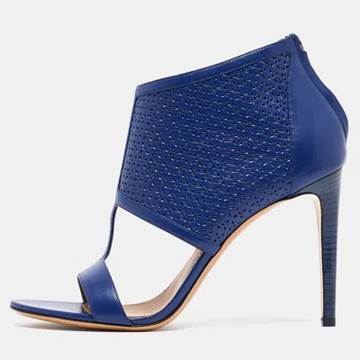 Pre-owned Ferragamo Blue Perforated Leather Pacella Open-toe Booties Size 40