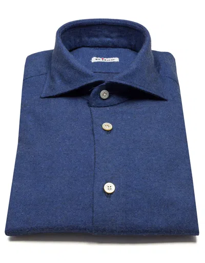 Pre-owned Kiton Flannel Shirt In Sapphire Blue With Fischgratmuster And Shark Collar
