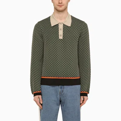 Wales Bonner | Green/beige Jacquard Long-sleeved Polo Shirt In Multicolor