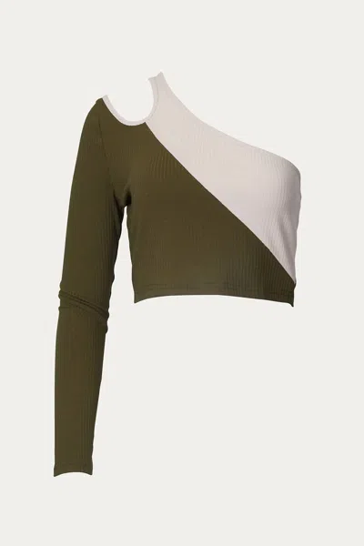 Endless Blu. Colorblocked Ribbed-knit One-sleeve Top In Olive Ecru In Green