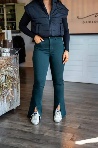 Just Black Denim High Rise Front Slit Flare Jeans In Emerald In Blue